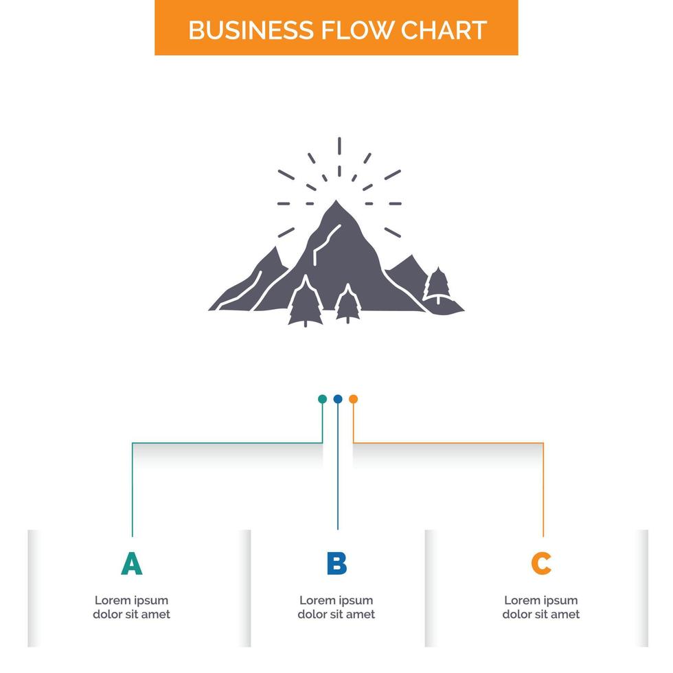 colline. paysage. la nature. Montagne. conception d'organigramme d'affaires de feux d'artifice en 3 étapes. icône de glyphe pour la place du modèle d'arrière-plan de présentation pour le texte. vecteur