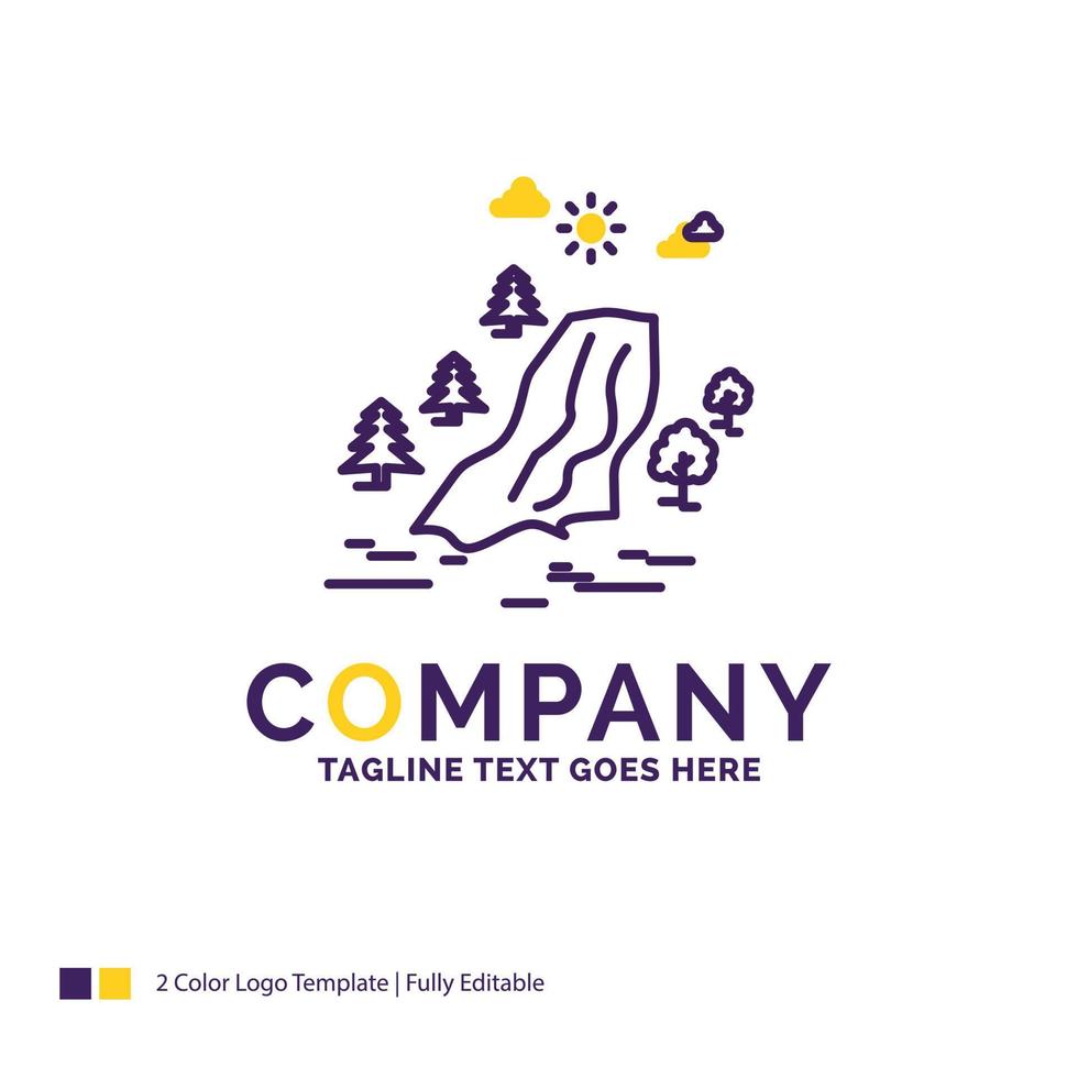 création de logo de nom de société pour cascade. arbre. la douleur. des nuages. la nature. conception de nom de marque violet et jaune avec place pour le slogan. modèle de logo créatif pour petites et grandes entreprises. vecteur