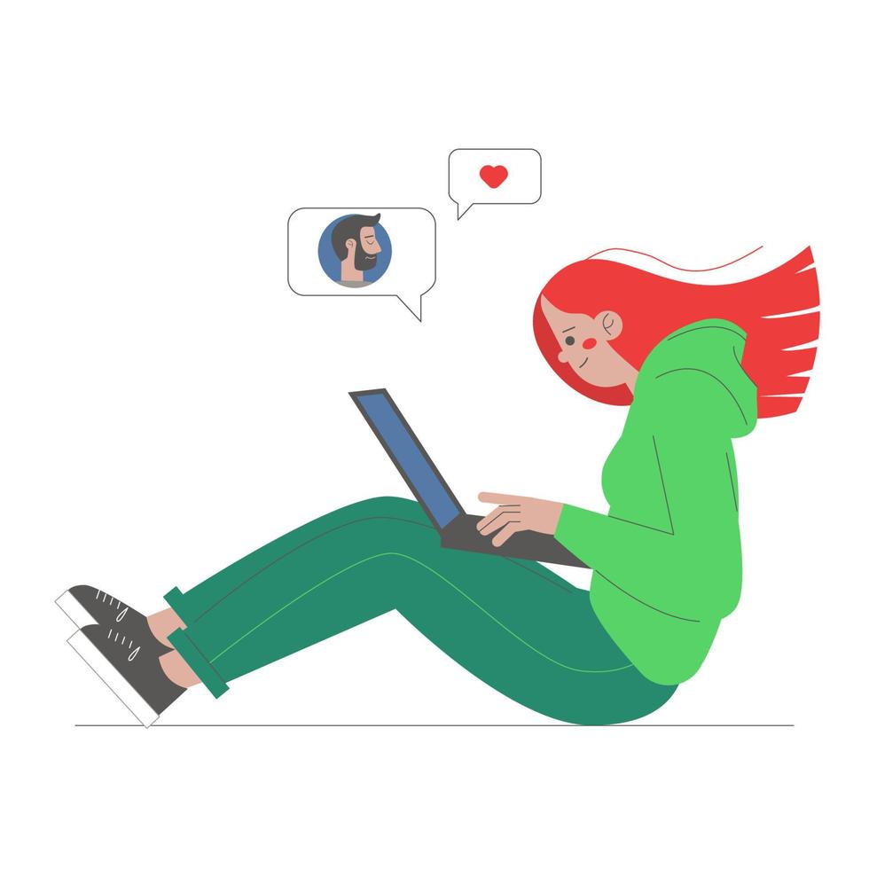 une jeune fille est assise par terre et envoie des SMS sur un ordinateur portable avec son petit ami. le concept des réseaux sociaux et de la vie en ligne. illustration de stock de vecteur dans un style plat sur fond blanc.