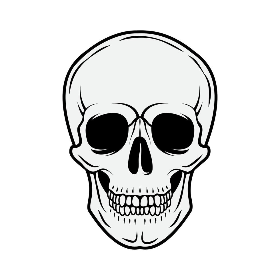 crâne humain. vue de face. vecteur noir et blanc illustration dessinée à la main isolée sur fond blanc