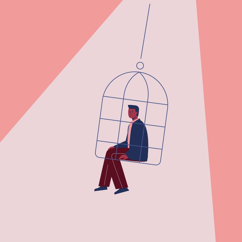 un homme assis dans une cage, symbole de dépression, de solitude, d'isolement. vecteur