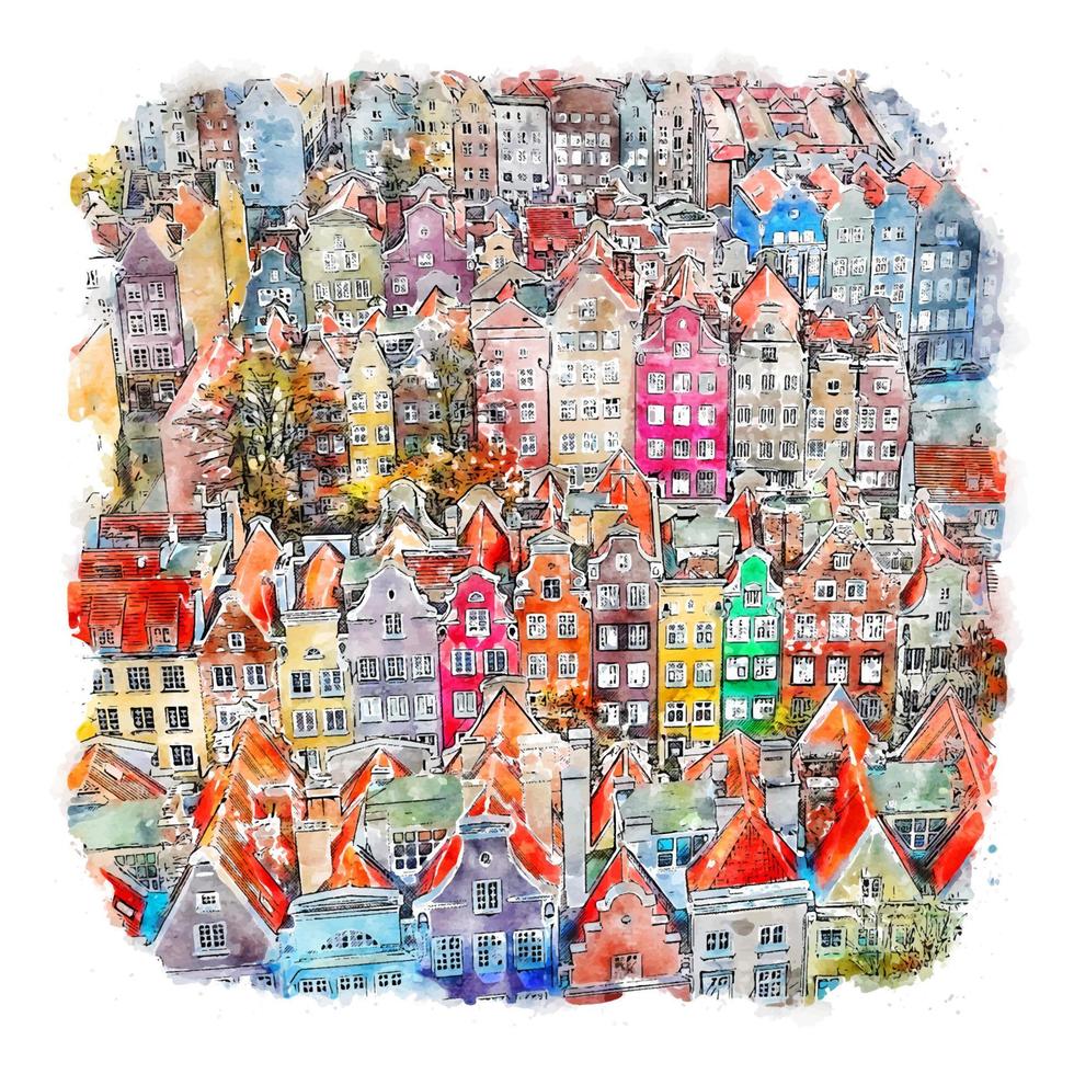 gdansk pologne croquis aquarelle illustration dessinée à la main vecteur