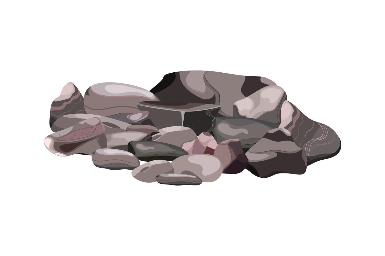 collection de pierres de différentes formes et buissons. galets côtiers, pavés, gravier, minéraux et formations géologiques. fragments de roche, rochers et matériaux de construction. vecteur