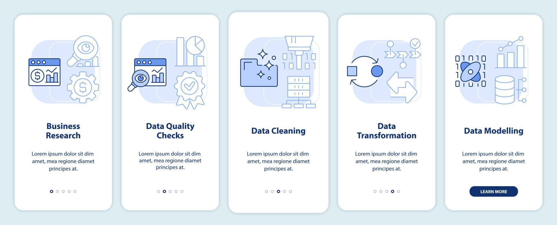 processus d'exploration de données écran d'application mobile d'intégration bleu clair. pas à pas informatique pages d'instructions graphiques en 5 étapes avec des concepts linéaires. ui, ux, modèle d'interface graphique. vecteur