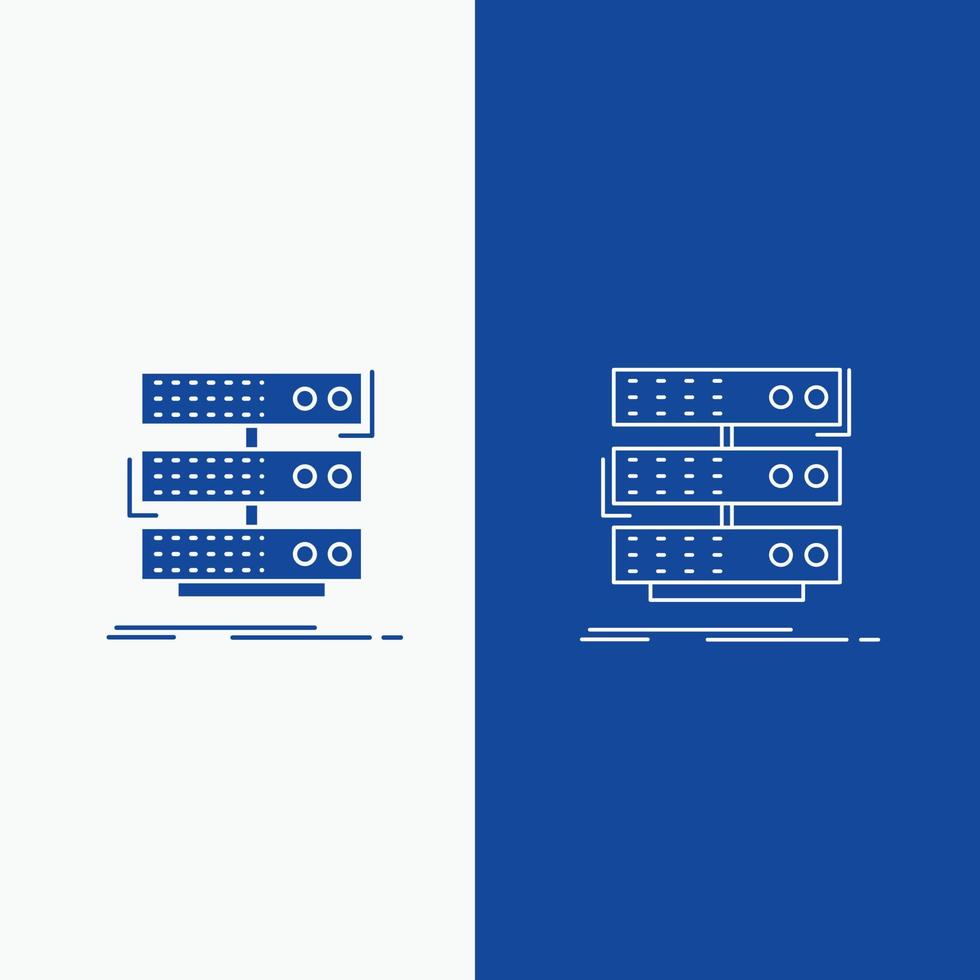 serveur. stockage. étagère. base de données. ligne de données et bouton web glyphe dans une bannière verticale de couleur bleue pour ui et ux. site web ou application mobile vecteur