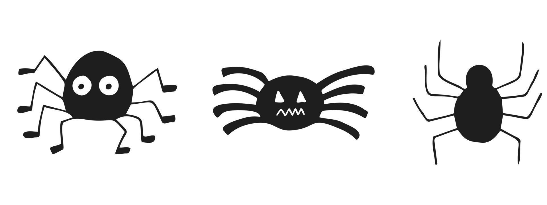 halloween 2022 - 31 octobre. une fête traditionnelle. La charité s'il-vous-plaît. illustration vectorielle dans un style doodle dessiné à la main. ensemble de silhouettes d'araignées mignonnes. vecteur