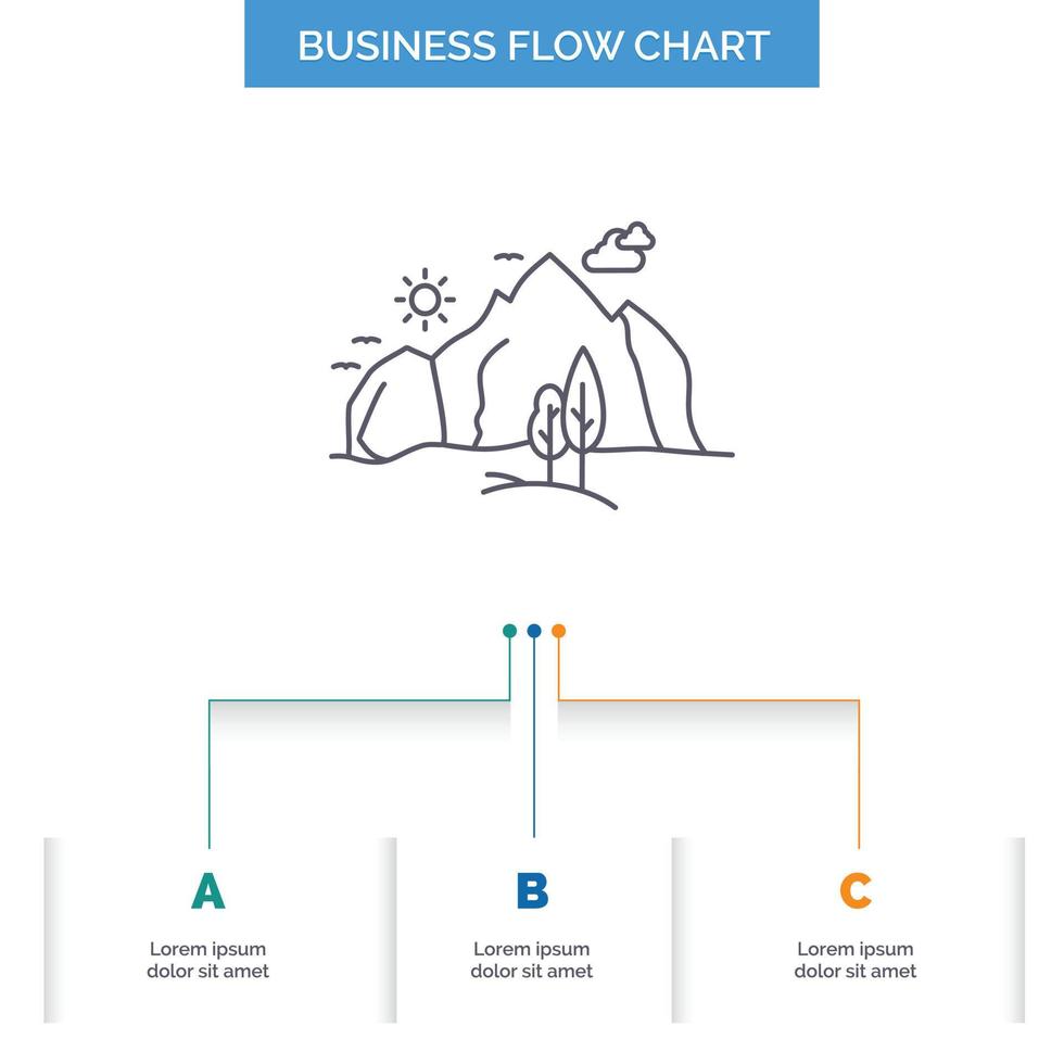 colline. paysage. la nature. Montagne. conception d'organigramme d'entreprise d'arbre avec 3 étapes. icône de ligne pour le modèle d'arrière-plan de présentation place pour le texte vecteur