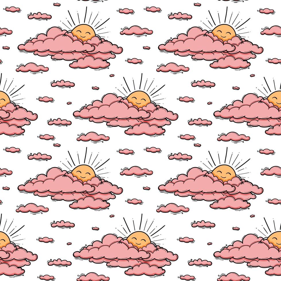 enfants soleil et nuage dessinant pour la pépinière dans un style de contour de dessin animé. fille rose illustration vectorielle isolée vecteur