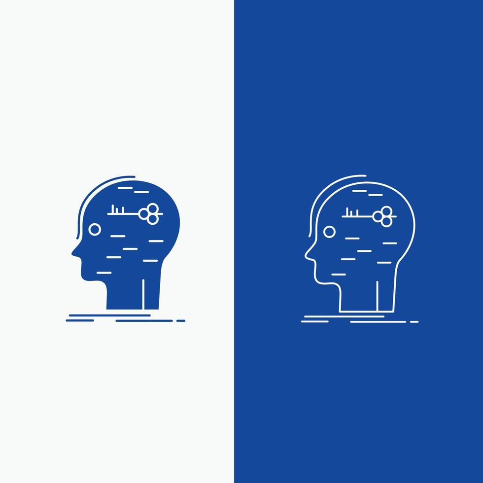 cerveau. pirater. piratage. clé. ligne d'esprit et bouton web glyphe dans une bannière verticale de couleur bleue pour ui et ux. site web ou application mobile vecteur