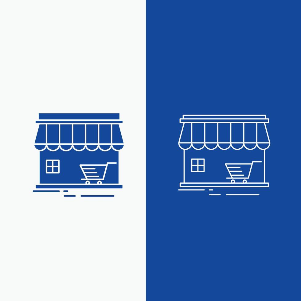 magasin. boutique. marché. imeuble. ligne d'achat et bouton web glyphe en bannière verticale de couleur bleue pour ui et ux. site web ou application mobile vecteur