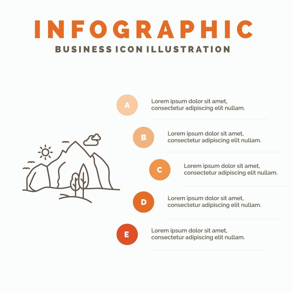 colline. paysage. la nature. Montagne. modèle d'infographie d'arbre pour le site Web et la présentation. icône grise de ligne avec illustration vectorielle de style infographie orange vecteur