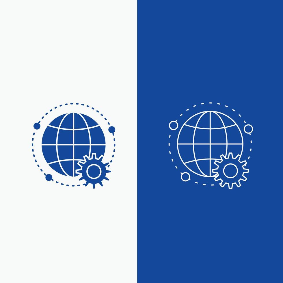 lié. en ligne. monde. globe. ligne multijoueur et bouton web glyphe dans une bannière verticale de couleur bleue pour ui et ux. site web ou application mobile vecteur