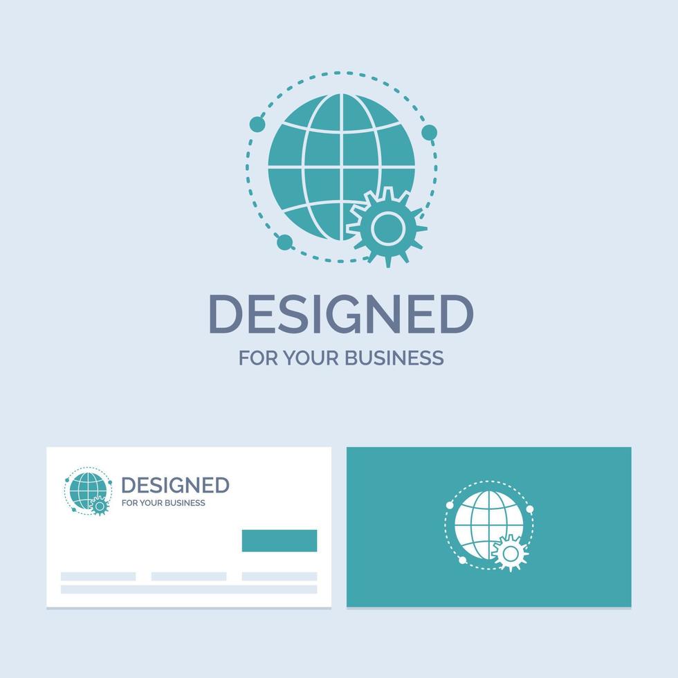 lié. en ligne. monde. globe. symbole d'icône de glyphe de logo d'entreprise multijoueur pour votre entreprise. cartes de visite turquoise avec modèle de logo de marque. vecteur