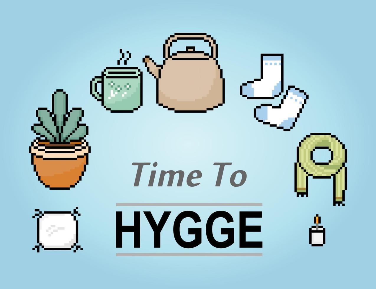 Pixels 8 bits le thème hygge. les outils pour se détendre dans les illustrations vectorielles. vecteur
