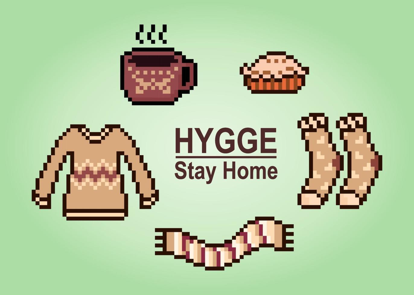 Pixels 8 bits le thème hygge. les outils pour se détendre dans les illustrations vectorielles. vecteur