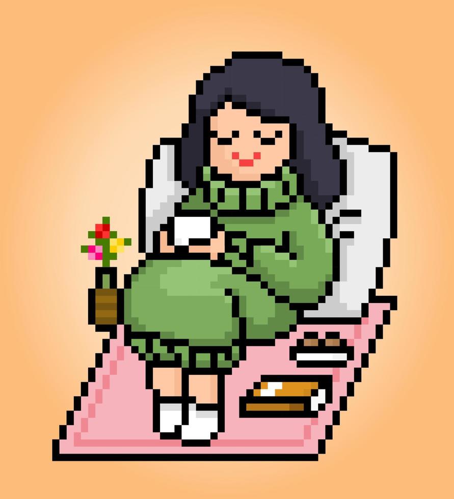 Pixels 8 bits le thème hygge. le dessin animé de femmes assises se détendant et buvant du café dans des illustrations vectorielles. vecteur