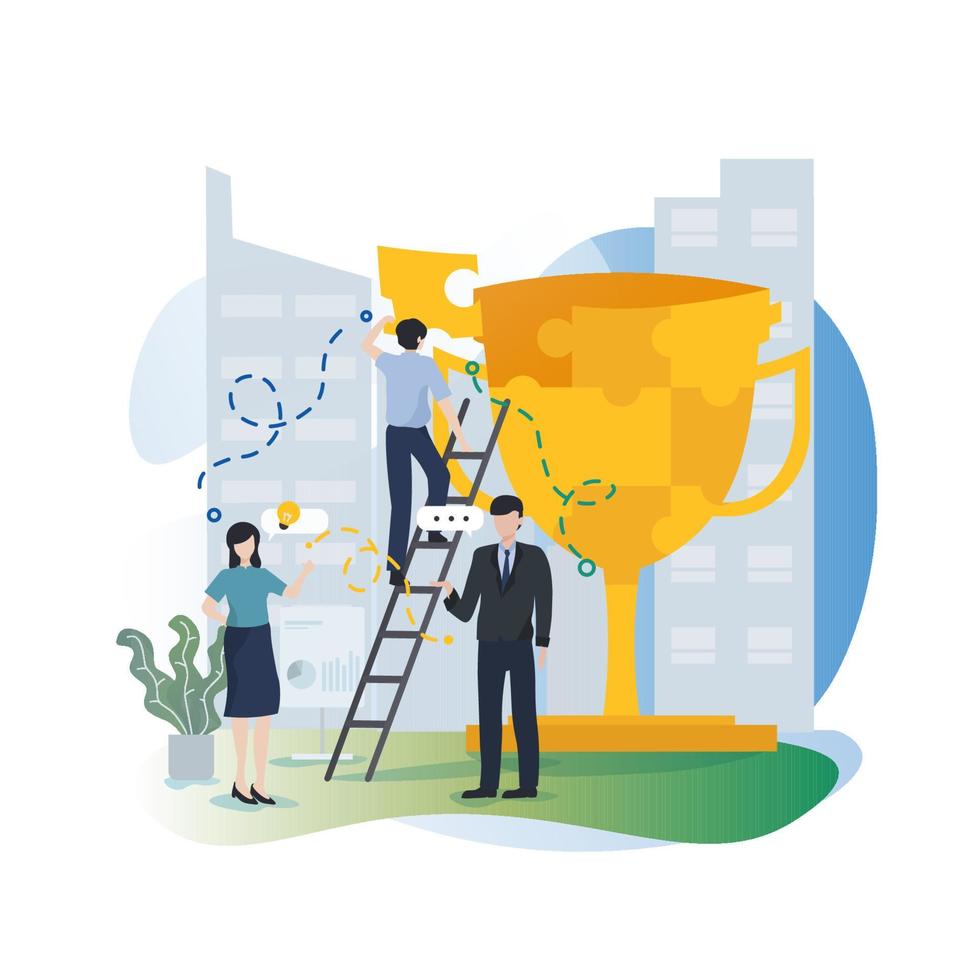 concept de résolution de problèmes commerciaux avec puzzle trophée. travail d'équipe, concept de planification. illustration pour bannière web, présentation d'entreprise et infographie vecteur