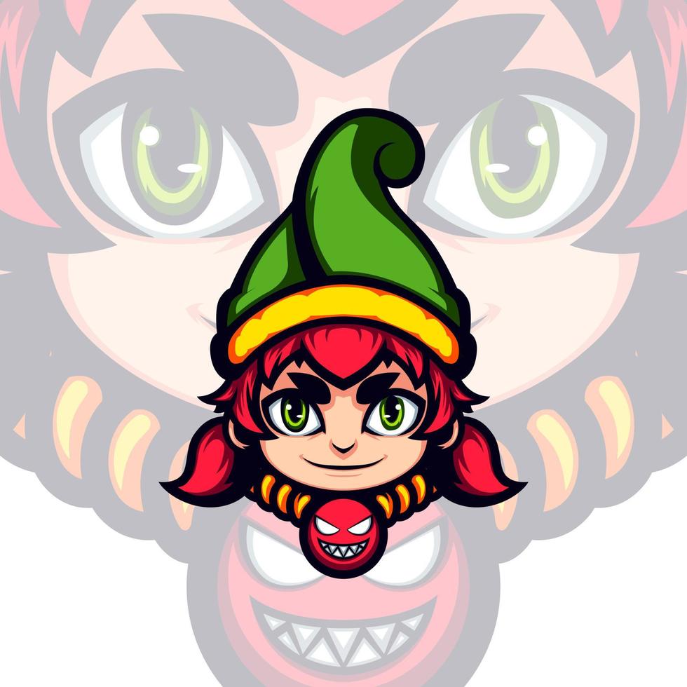 mascotte de vecteur de fille elfe aux cheveux rouges mignon chapeau vert