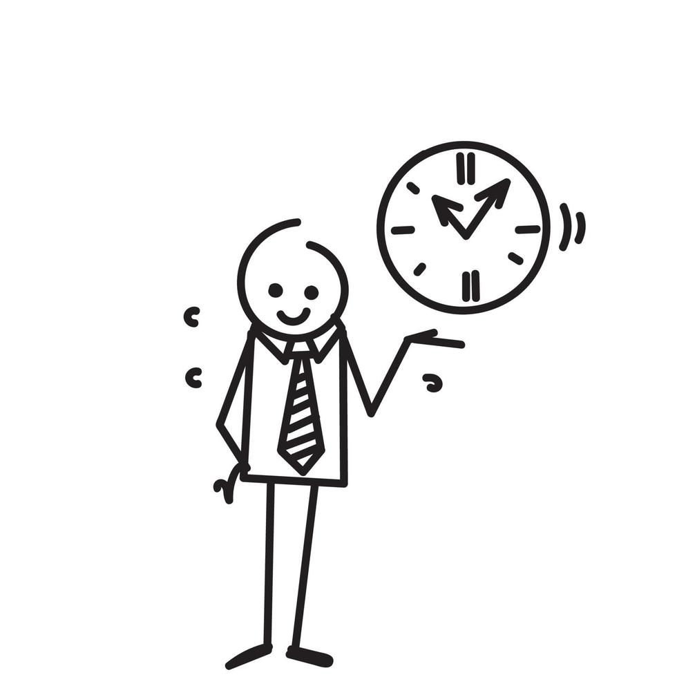 personnage de doodle dessiné à la main montrant l'illustration de l'horloge vecteur