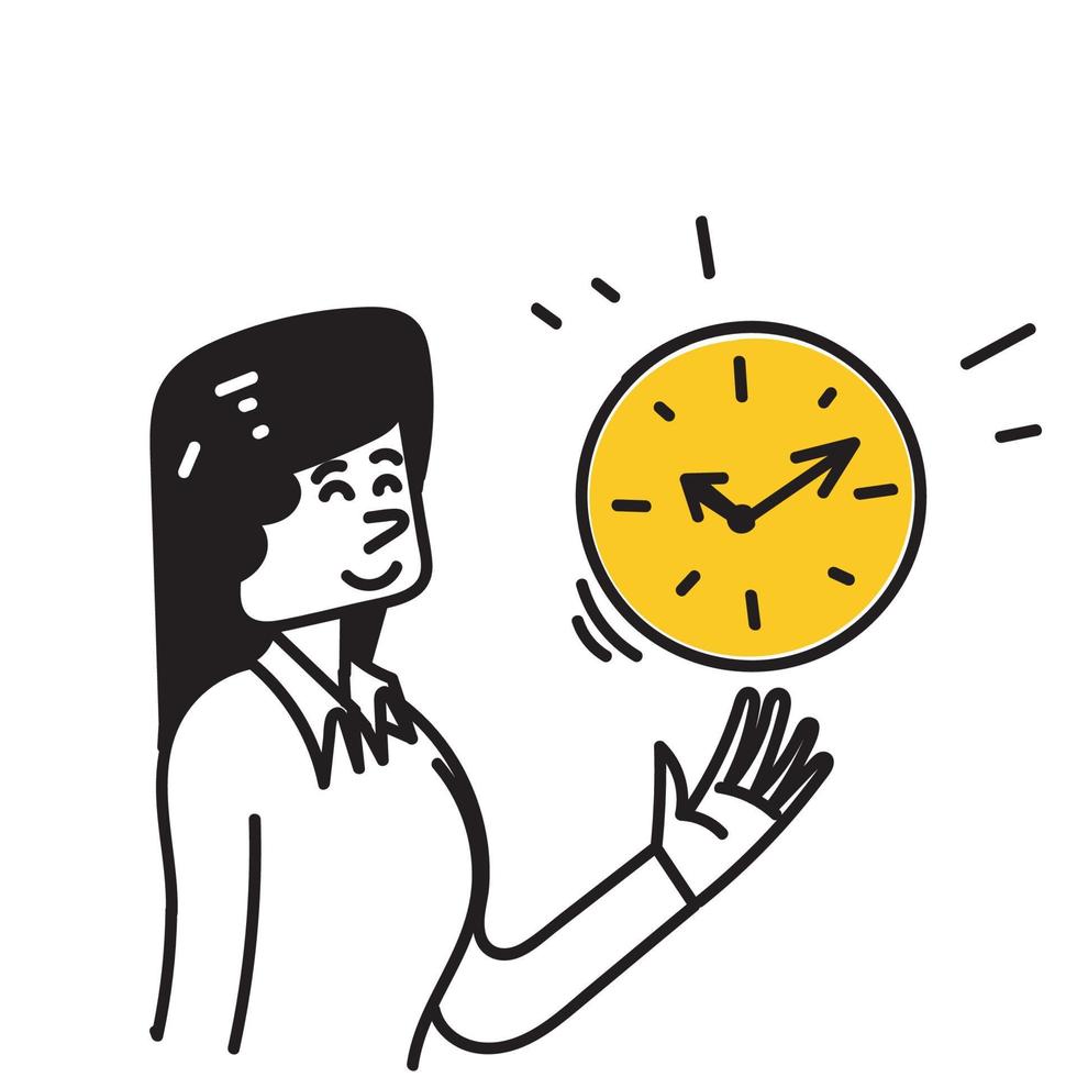 personnage de doodle dessiné à la main montrant l'illustration de l'horloge vecteur