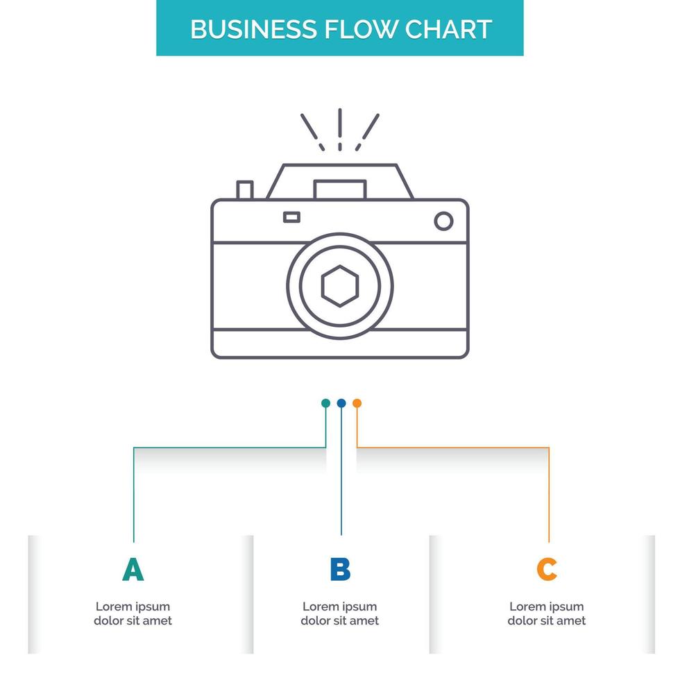 caméra. la photographie. Capturer. photo. conception d'organigramme d'affaires d'ouverture avec 3 étapes. icône de ligne pour le modèle d'arrière-plan de présentation place pour le texte vecteur