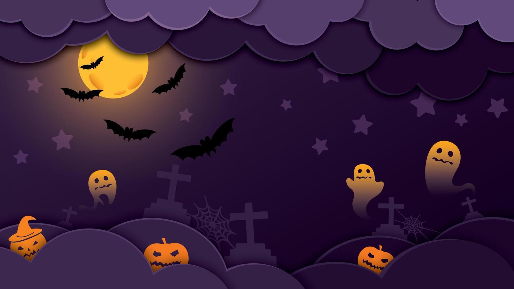 la joyeuse fête d'halloween a un espace vide avec des nuages de nuit, la pleine lune, des étoiles, des fantômes, des citrouilles, des tombes, des toiles d'araignées et des chauves-souris volantes dans un style découpé en papier. vecteur