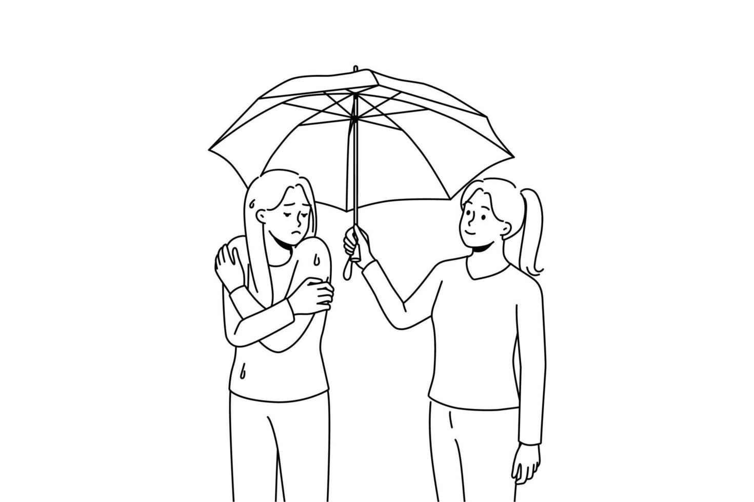 une femme bienveillante heureuse aide un ami humide malheureux à partager un parapluie. une femme souriante et attentive montre son soutien pour contrarier une fille sous la pluie dans la rue. illustration vectorielle. vecteur