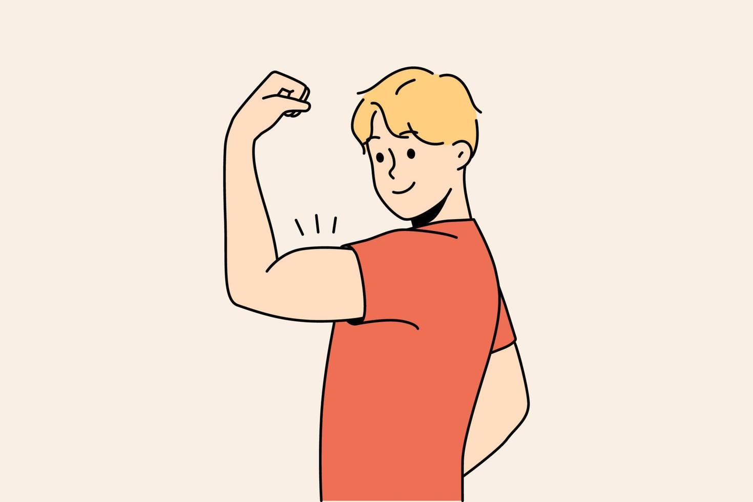 jeune homme souriant montrant des muscles. un gars en bonne santé heureux démontre un corps musclé et tonique. sport et activité physique. illustration vectorielle. vecteur