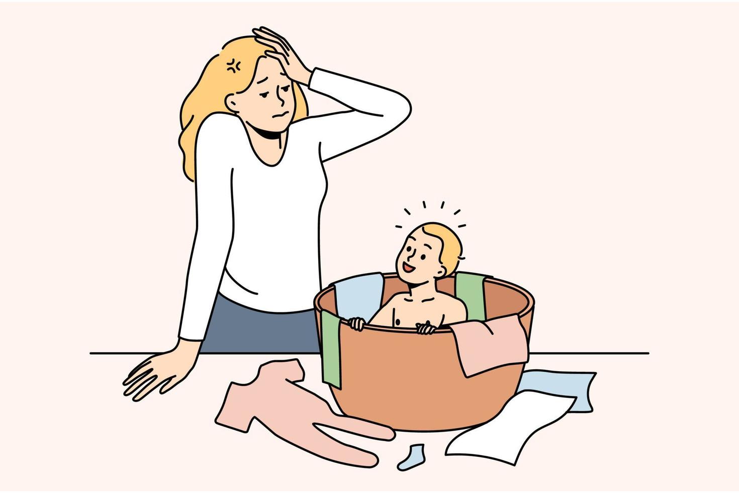 une jeune femme stressée se sent fatiguée par la maternité et le petit enfant. malheureuse mère frustrée épuisée par l'enfant en bas âge et la parentalité. illustration vectorielle. vecteur