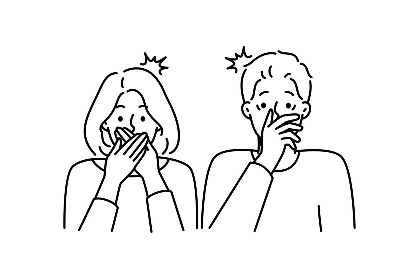 un couple choqué couvre la bouche stupéfait par des nouvelles incroyables. homme et femme étonnés surpris par un message inattendu. illustration vectorielle. vecteur