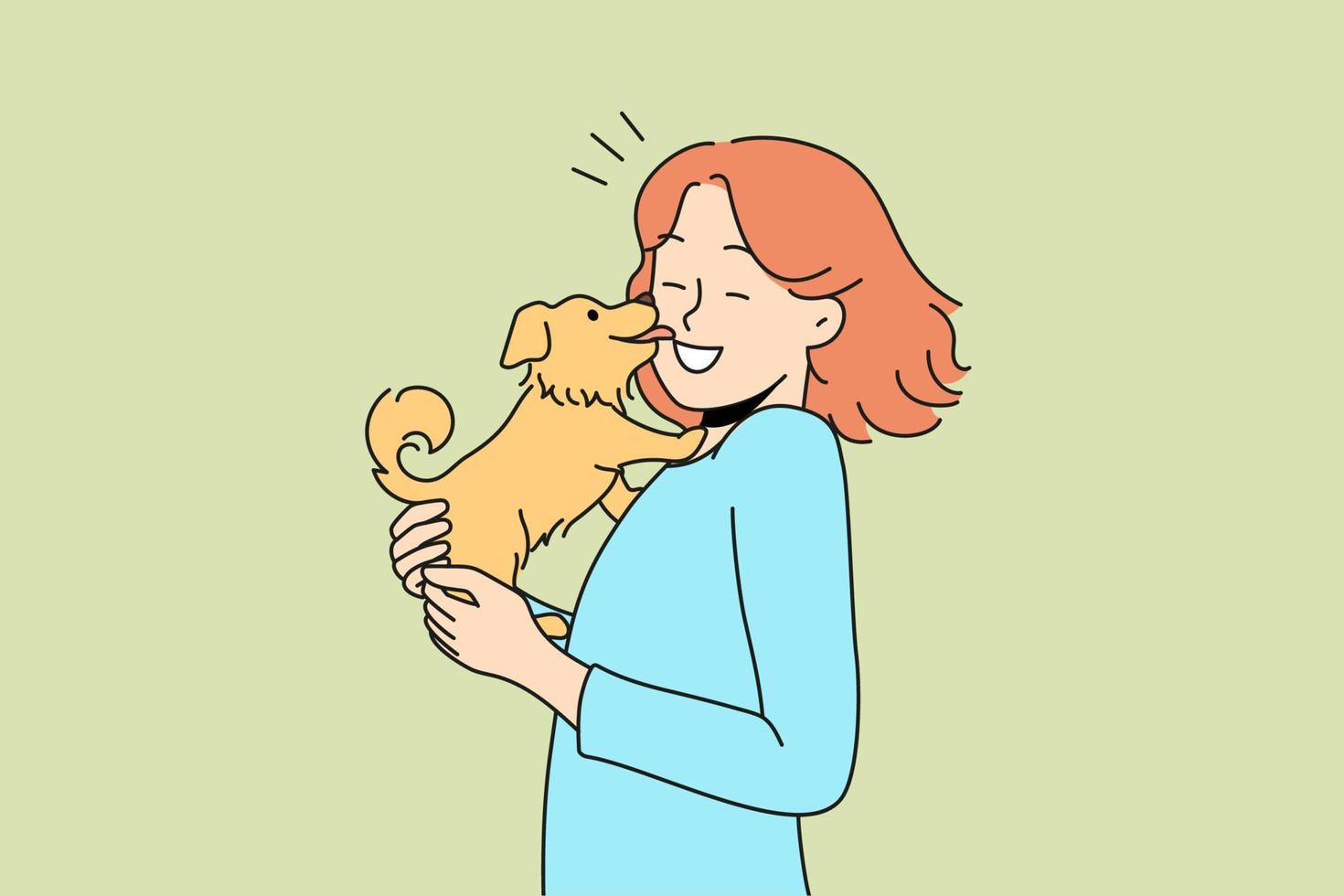 heureuse jeune femme avec un chien mignon dans les mains. chiot drôle lécher souriant propriétaire femelle montrer l'amour et l'affection. animaux domestiques. illustration vectorielle. vecteur