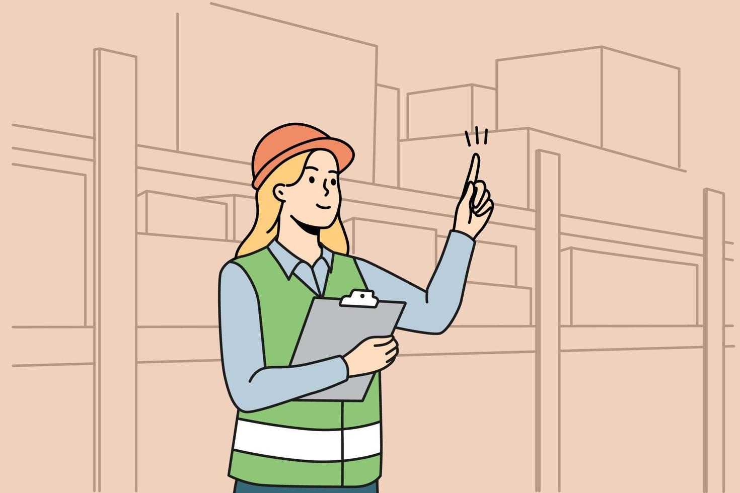 femme ingénieur en uniforme travaillant à l'entrepôt. employée en casque occupée au dépôt ou à l'entrepôt. illustration vectorielle. vecteur