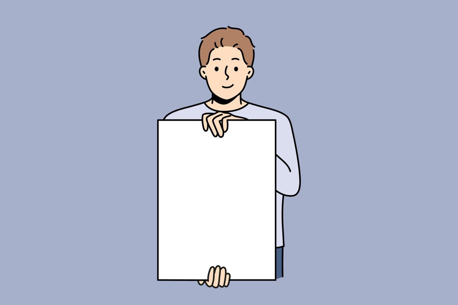 un homme souriant tient une affiche vide blanche pour l'espace de copie publicitaire. un homme heureux montre une maquette sur des documents pour le placement d'annonces. illustration vectorielle. vecteur