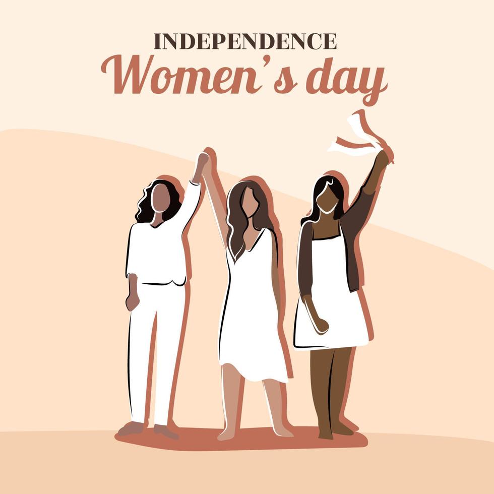 journée de la femme de l'indépendance. les femmes se tiennent la main. filles en vêtements blancs. carte de voeux, affiche, bannière dans un style plat. vecteur