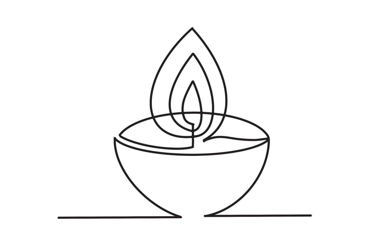 lampe à huile à dessin continu d'une ligne, flamme brûlante de bougie. ligne de contour noir illustration vectorielle isolée graphique minimaliste simple. célébration du festival diwali. vecteur