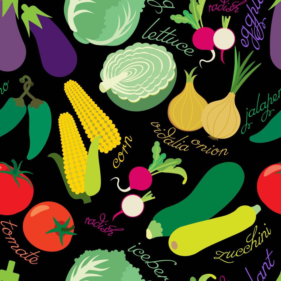 modèle sans couture avec des légumes dessinés à la main. piments jalapeno, tomate, oignon, laitue, courgette, maïs, radis, aubergine. vecteur