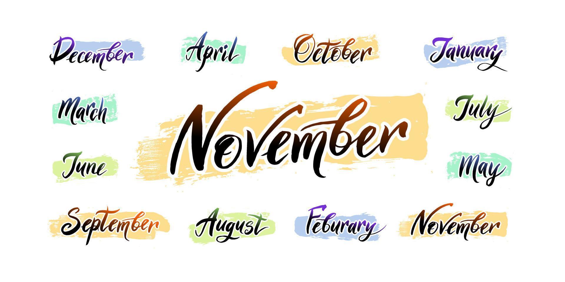 les noms manuscrits des mois décembre, janvier, février, mars, avril, mai, juin, juillet, août, septembre, octobre, novembre. vecteur