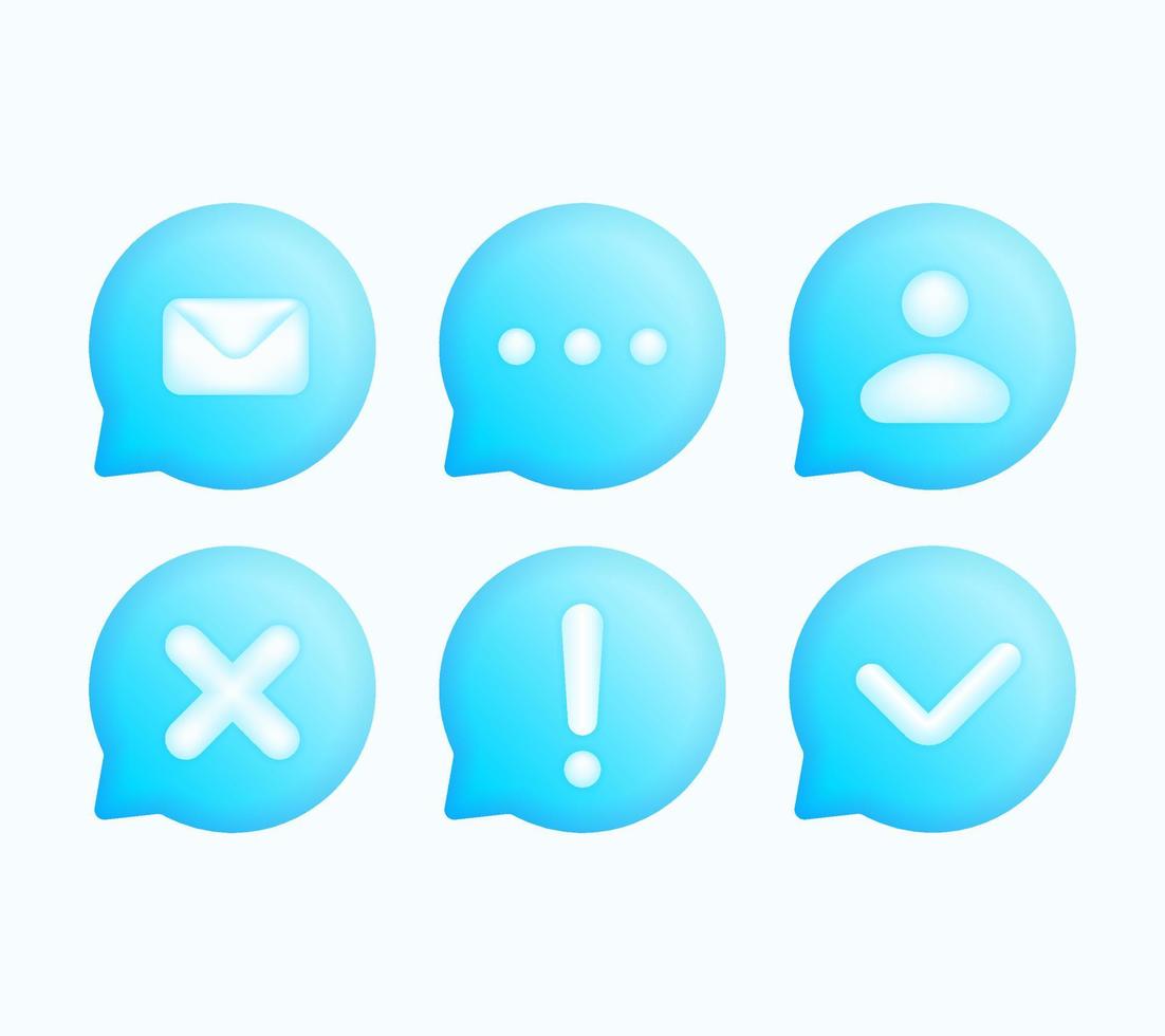 ensemble de texte de bulle de parole bleu 3d, boîte de discussion, conception d'illustration vectorielle réaliste de boîte de message. icône de courrier, support, signe oui ou non. ballon style 3d de symbole de signe de pensée. sur le fond blanc. vecteur