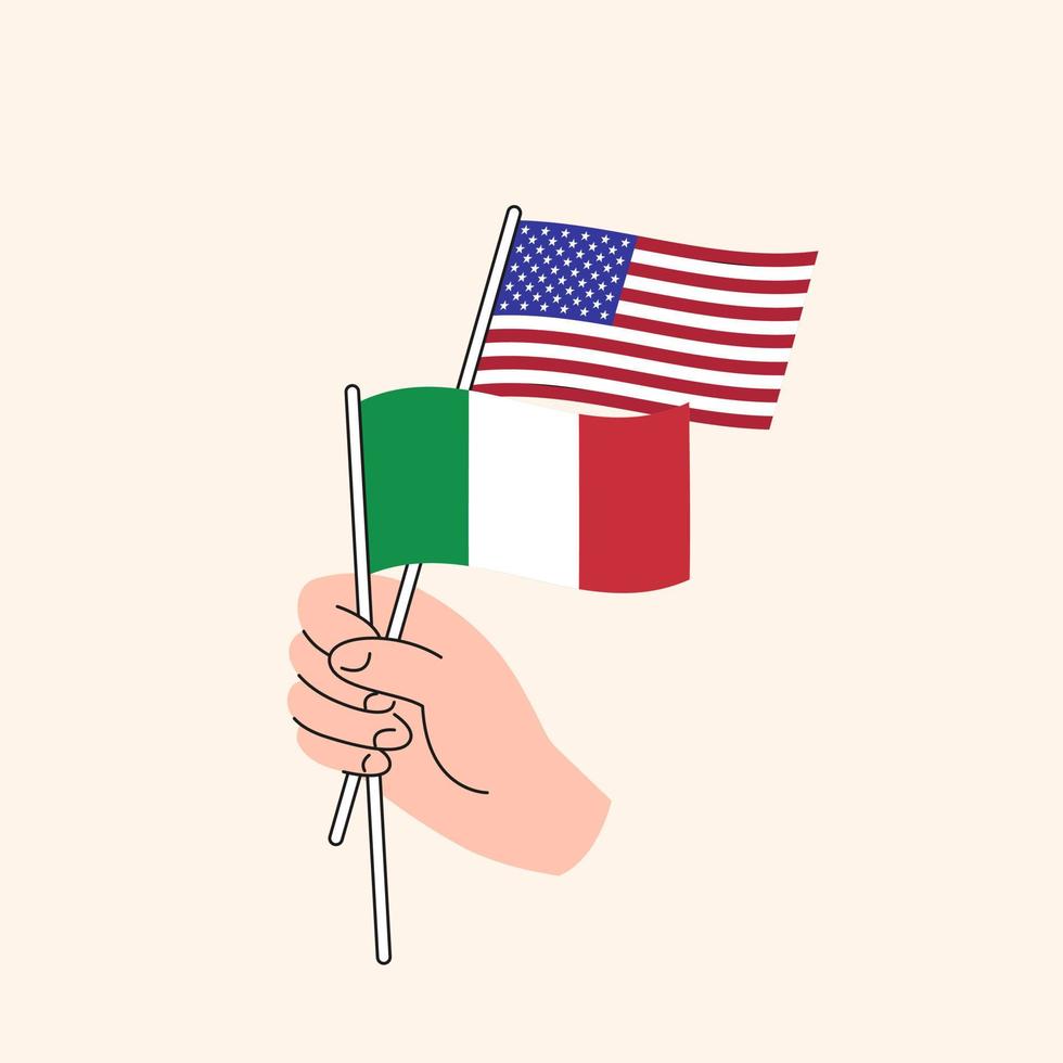 main de dessin animé tenant des drapeaux américains et italiens. nous italie relations. concept de diplomatie, de politique et de négociations démocratiques. design plat vecteur isolé