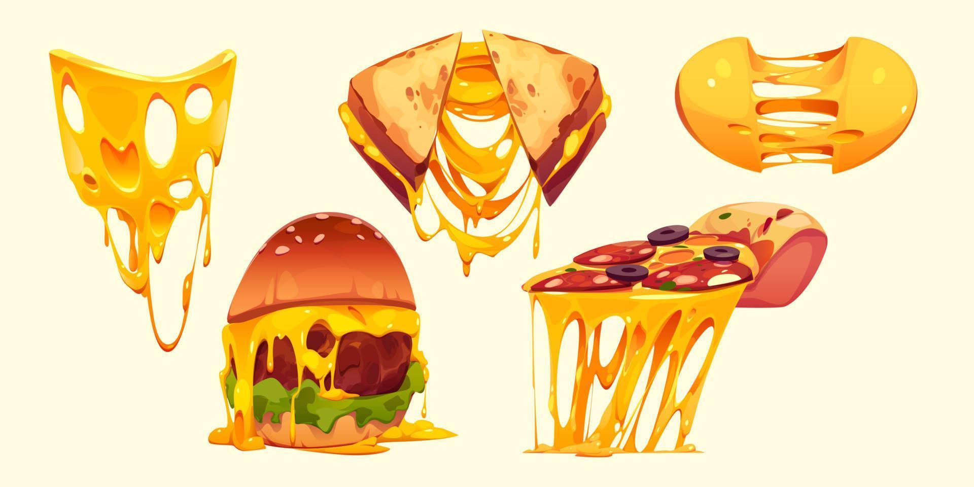 fromage fondu en sandwich, burger et pizza vecteur