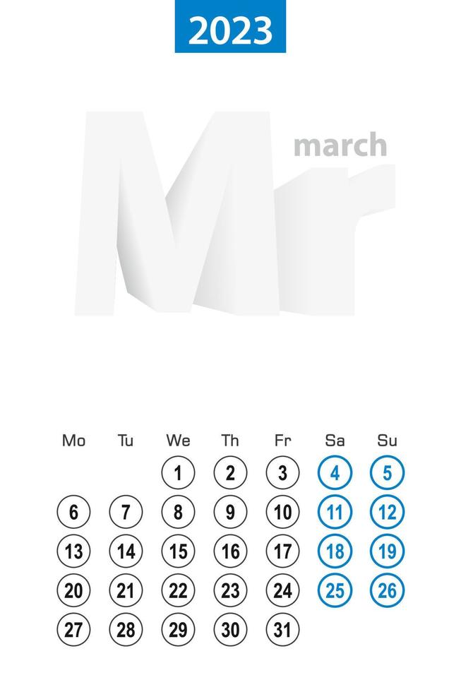 calendrier pour mars 2023, conception de cercle bleu. langue anglaise, la semaine commence le lundi. vecteur