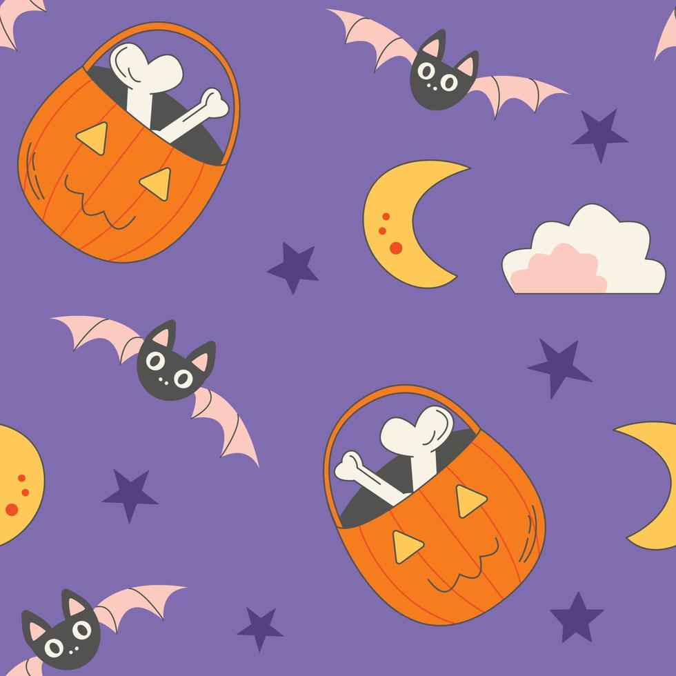 modèle sans couture de panier de citrouille d'halloween tromper ou traiter avec des os, un croissant de lune, des étoiles, des chauves-souris mignonnes sur le ciel effrayant de nuit. fond violet. vecteur de motif reproductible pour la fête d'octobre.