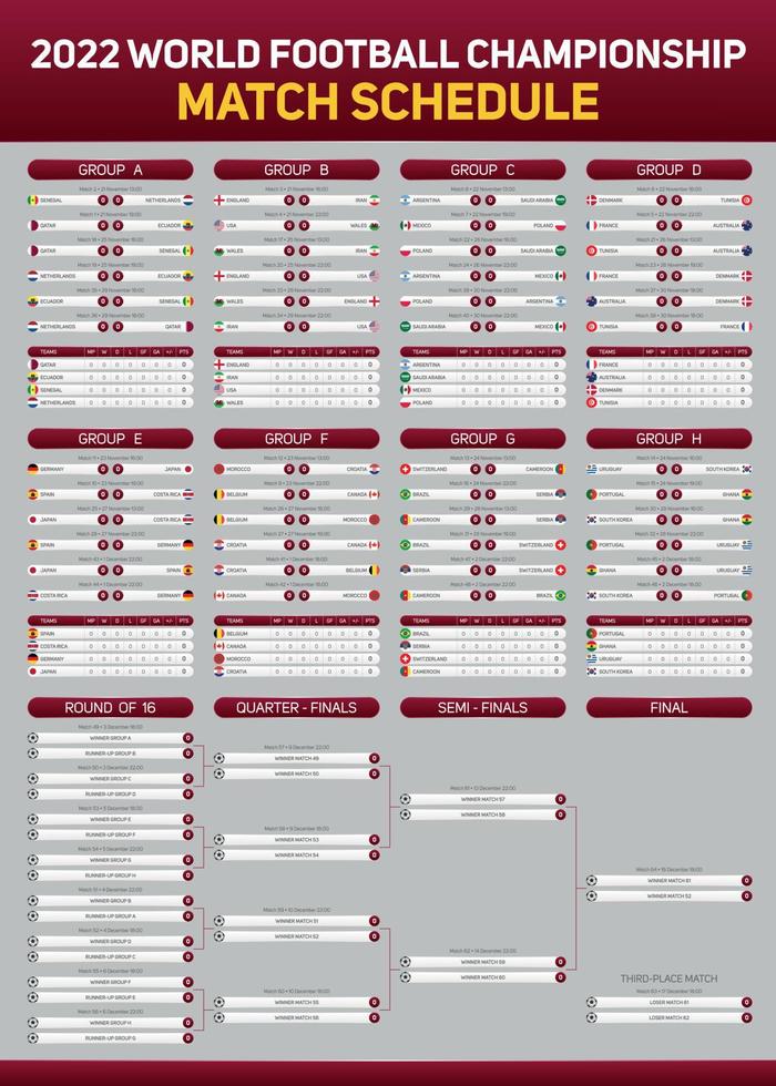 Affiche du calendrier des matchs du championnat du monde de football du qatar 2022 pour le web imprimé et les médias sociaux. coupe du monde 2022 vecteur