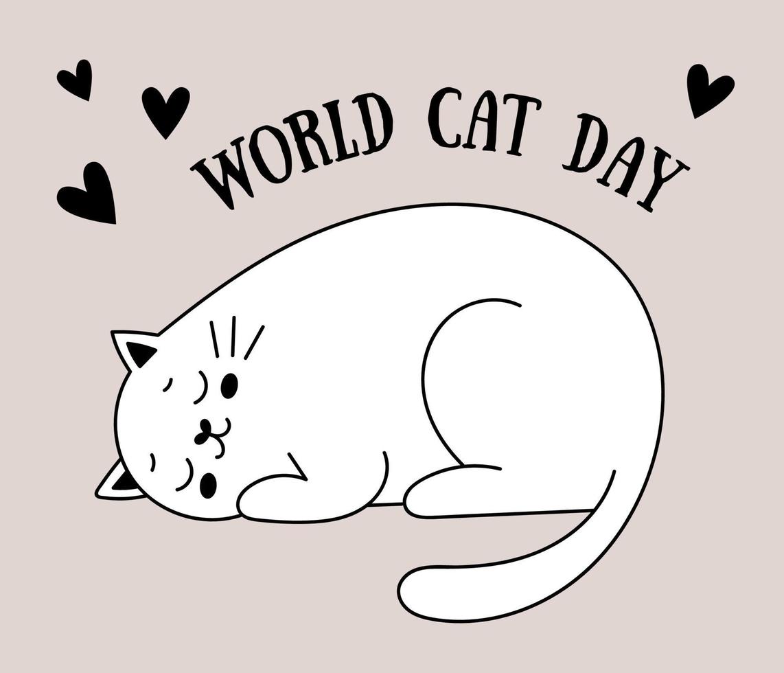 chats mignons de griffonnage. carte postale à la journée internationale des chats. chat joyeux dans une boîte. illustration vectorielle avec des animaux de compagnie. vecteur