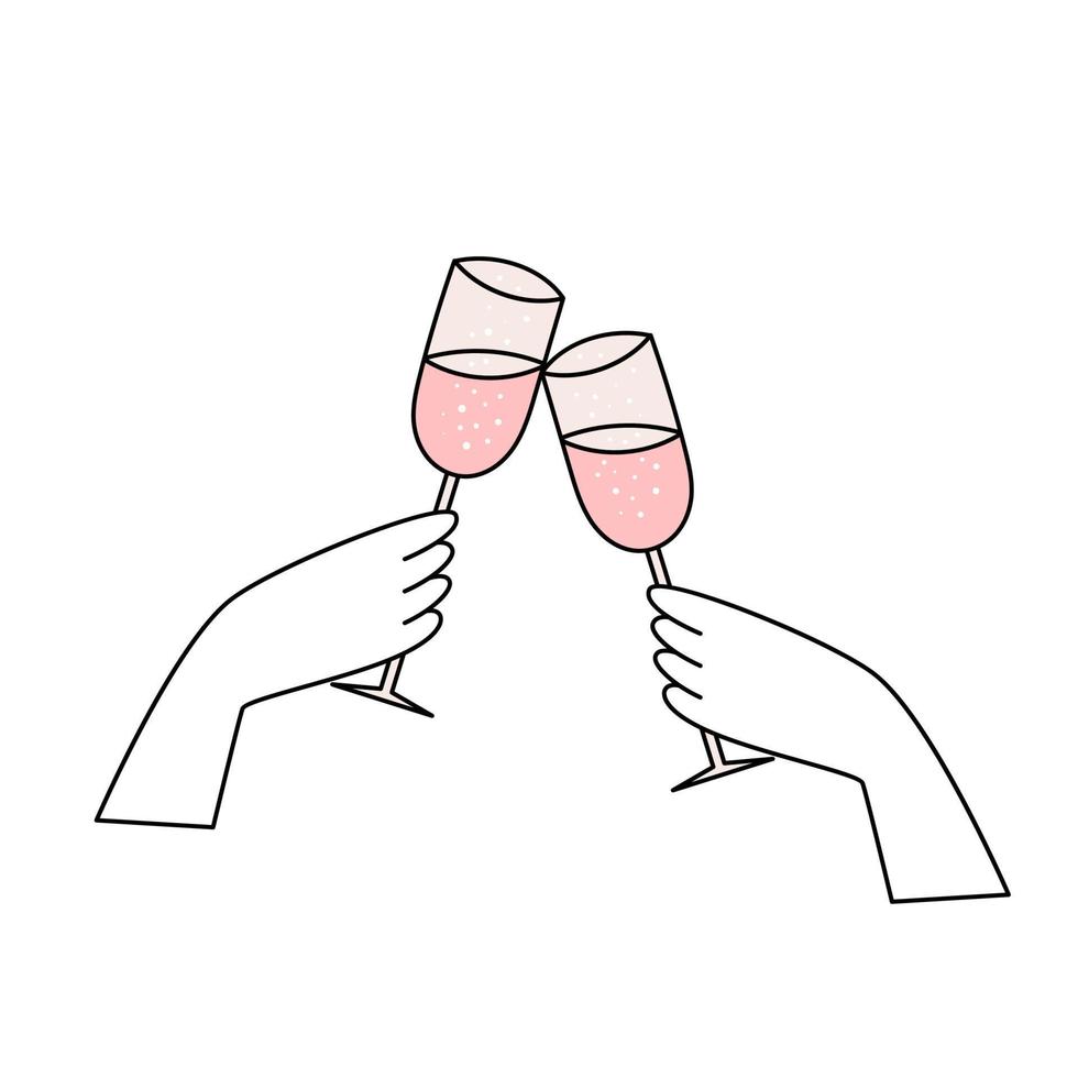 deux mains tiennent des verres de champagne, du vin mousseux. icône de mariage simple. illustration vectorielle de griffonnage vecteur