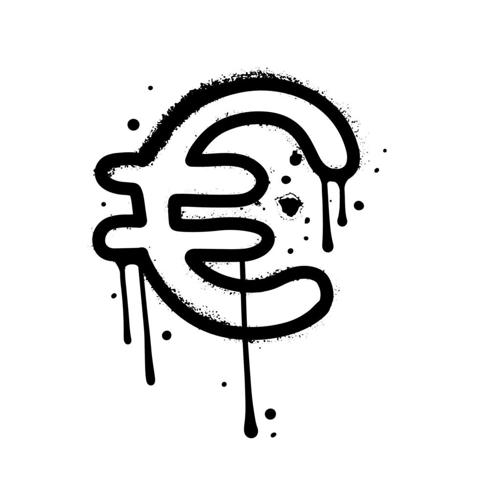 icône de devise de l'euro. symbole de graffiti en spray noir de monnaie avec des taches sur fond blanc. illustration manuscrite texturée vectorielle sur des couches séparées d'arbres - signe, pulvérisation, fuites. vecteur