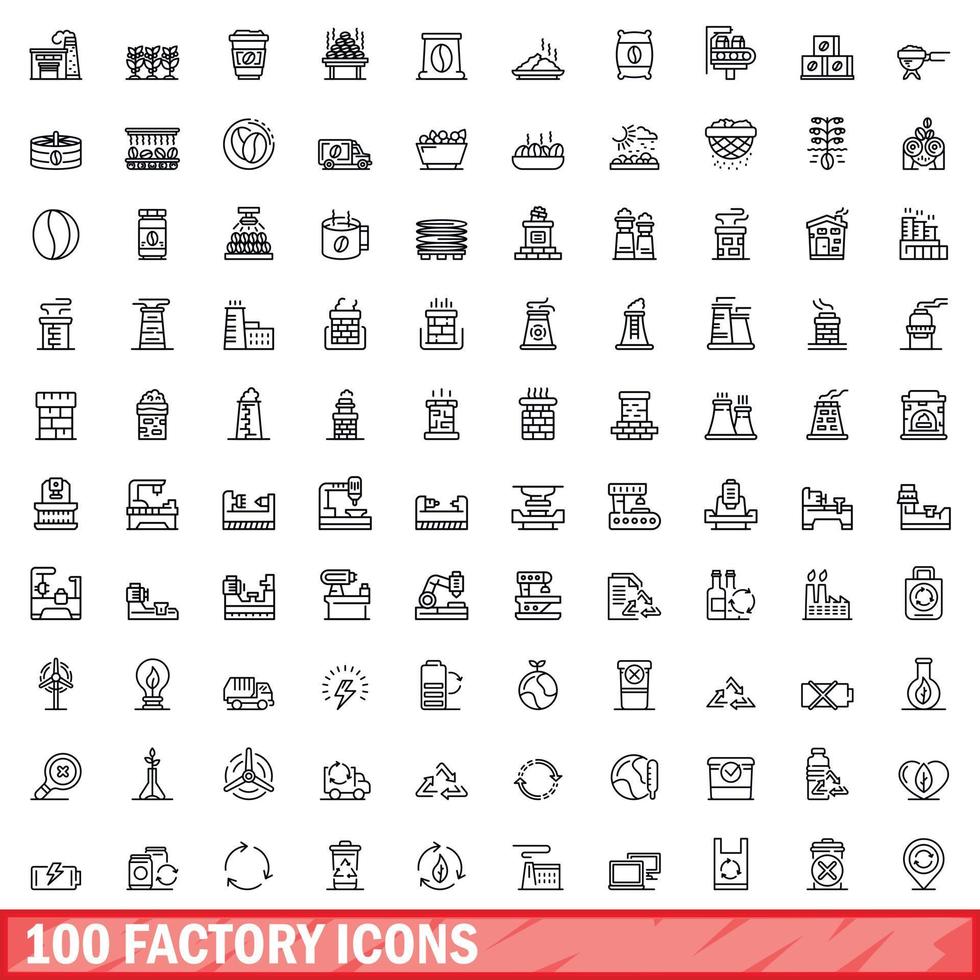 Ensemble de 100 icônes d'usine, style de contour vecteur