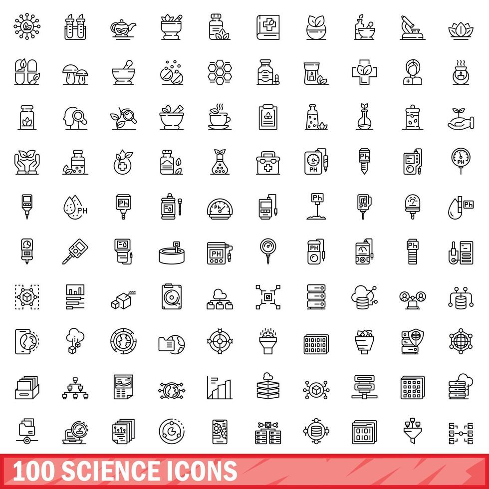 Ensemble de 100 icônes scientifiques, style de contour vecteur