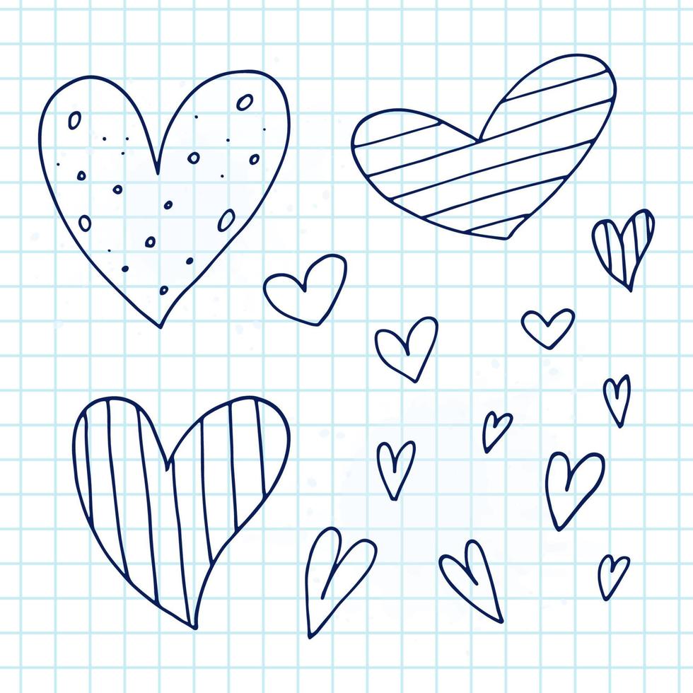 grand ensemble d'éléments de doodle mignons dessinés à la main sur l'amour. autocollants de message pour les applications. icônes pour la saint valentin, les événements romantiques et le mariage. un cahier à carreaux. coeurs avec rayures et texture. vecteur