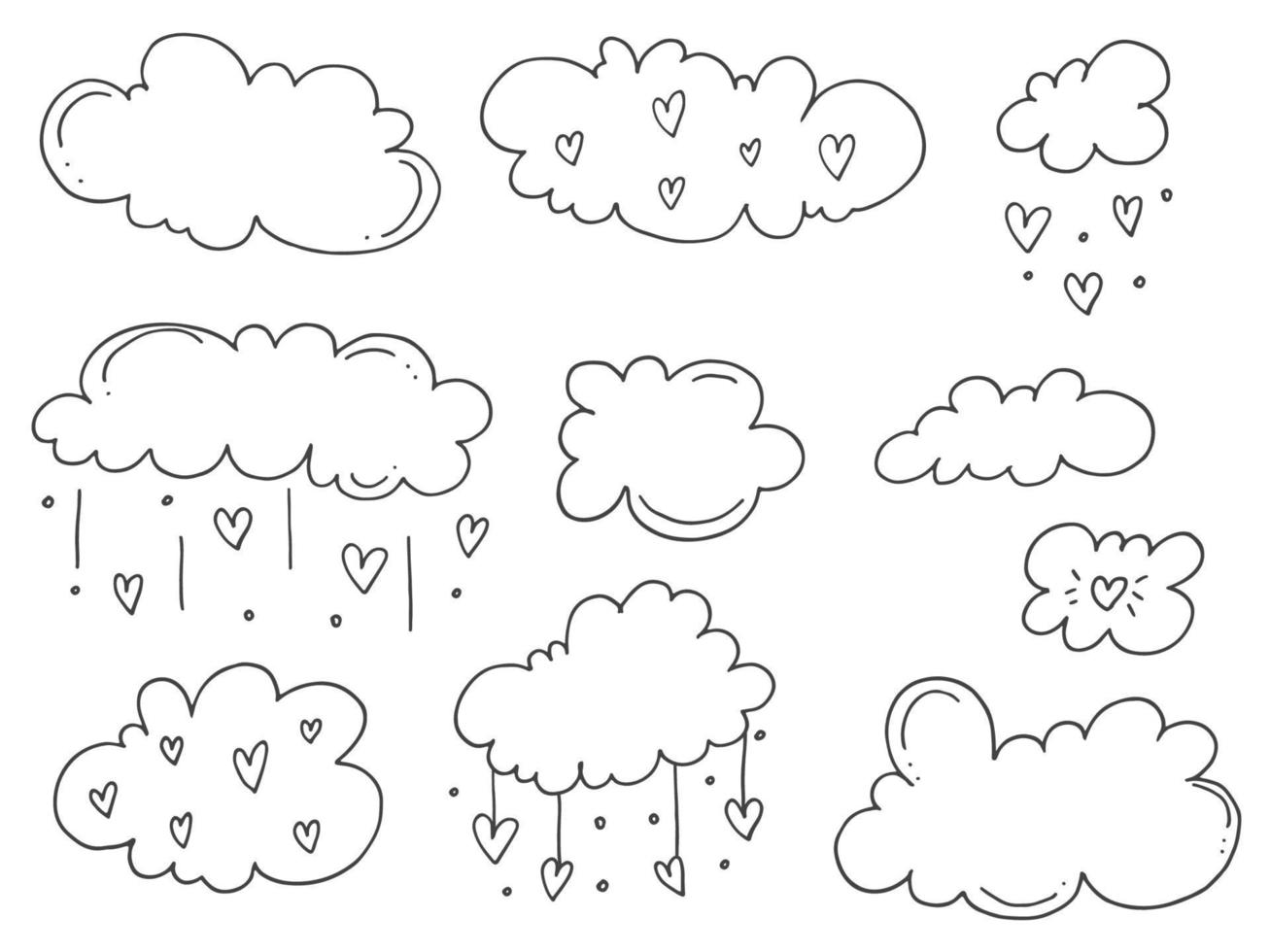 ensemble d'éléments de doodle mignons dessinés à la main sur l'amour. autocollants de message pour les applications. icônes pour la saint valentin, les événements romantiques et le mariage. nuages et pluie des cœurs. vecteur